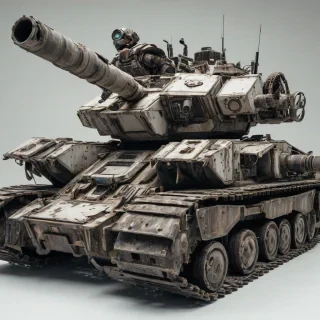 A post-apocalyptic tank with the upper body of a mech on top of the tank, with bright lighting, wide-angle shot, full body visible, on a plain white background, even lighting