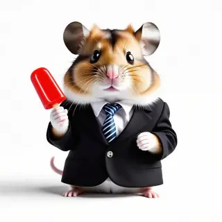 An anthropomorphic hamster wearing a suit and tie and holding a red Popsicle in its paw