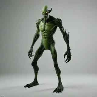 Dark fantasy monster, full-body view, on a plain white background, lime green skin, on a plain white background, even lighting 