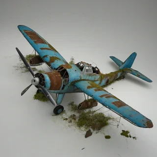 blue, old rusted prop plane, broken down, with moss growing all on it, no background, full plane visible from propeller to tail wing of plane, wide angle shot, on a plain white background, even lighting