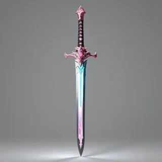 a pink, anime-style sword with a glowing blade and intricate hilt designs, full-body view, on a plain white background, with a wide-angle shot, and dynamic shadows, on a plain white background, even lighting