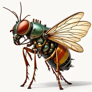 A stylized, full-body view of a dieselpunk-themed insect, Olive, with a metallic exoskeleton, copper accents, visible gears, two long, curved, slender antennae, and set against a plain white background, with a warm, golden lighting and subtle, dynamic shadows, in the style of a digital illustration with bold lines and vibrant colors