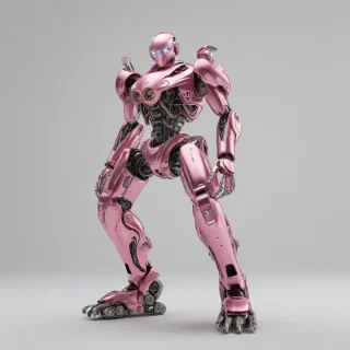 A highly detailed, photorealistic robot with a metallic pink finish, full-body view, wide shot, with visible feet, set against a plain white background, with dynamic shadows and a slight backlight to accentuate the robot's shape and texture, in a realistic and futuristic style