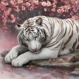 a sleeping white tiger curled beneath a cherry blossom tree, crimson and gold leaf layers beneath, perfectly smooth, glowing with a gentle inner warmth, subtle shimmer in the floral details, serene atmosphere