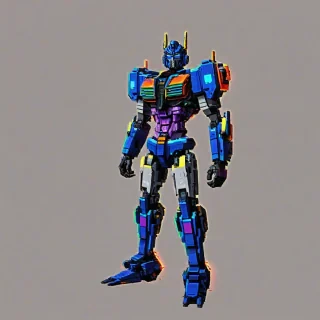 A pixel art style of a transformer, full-body view, neon colors, on a plain white background, even lighting
