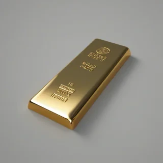 A full-body view of a gold bullion bar, with a smooth and reflective surface, on a plain white background, with a wide-angle shot, and a soft, natural light, in a digital art style, with a slight sheen to emphasize the gold color, on a plain white background, even lighting 
