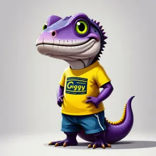 Iggy, a small, purple, cartoon iguana with a big smile and green eyes, wearing a yellow t-shirt and blue shorts, standing on a plain white background, in a full-body view with his feet visible, created in a 2D cartoon style with bold lines and bright colors