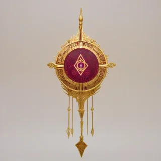 A highly detailed, full-body view, wide shot, of a magical artifact with a burgundy glow, intricate golden details, and mystical runes etched into its surface, set against a plain white background, in an anime style, with vibrant colors and dynamic shading, and a sense of ancient power emanating from it, on a plain white background, even lighting 