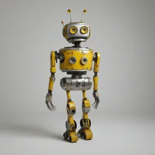 Bright, whimsical, cute robot made from spare car parts, with a bright yellow color scheme, full-body view, on a plain white background, even lighting