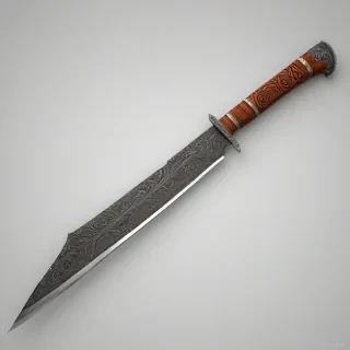 A highly detailed, full-body view of a machete with intricate carvings in the blade, resting on a plain white background, with a wide shot and the handle and blade fully visible, in a digital art style