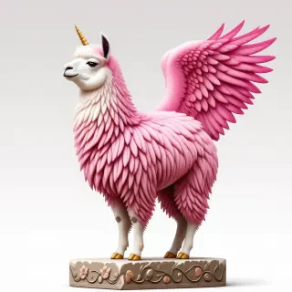 A llama with fluffy and curly fuscia fur, large pink angel wings, golden hooves, wide eyes, and a golden unicorn horn standing on a worn down stone platform engraved with images of flowers and vines
