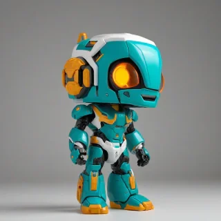 a bright teal mecha suit in a funko pop style with an enlarged head, vibrant colors and bold lines on a plain white background with even lighting