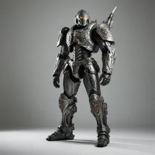 A full-body view of a medieval-themed mech suit, with a charcoal grey and silver color scheme, intricate engravings and details, standing on a plain white background, with a wide-angle shot, and dramatic lighting with dynamic shadows, on a plain white background, even lighting