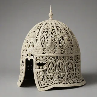 A full-body view of a highly detailed, ivory-colored helmet, with intricate designs and patterns, on a plain white background, in a wide shot, with a noir-inspired aesthetic, dramatic lighting and shadows, and a sense of mystery, on a plain white background, even lighting