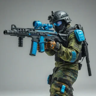 gritty, vibrant color, cartoon style, military green colored assault rifle with neon blue accents, bright lighting, wide angle shot, on a plain white background, even lighting, a rugged mercenary soldier in tactical gear in the foreground, on a plain white background, even lighting