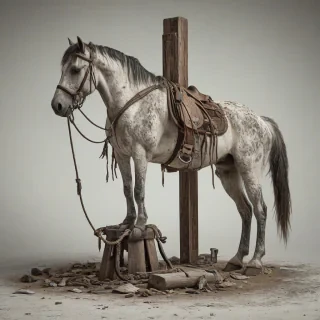 A standalone horse tied up to a hitching post in the era from the Wild West era, a generally worn, weathered appearance, set against a plain white background, in a wide shot with the entire horse visible, including the feet and any surrounding debris, in a digital art style with muted colors, on a plain white background, even lighting