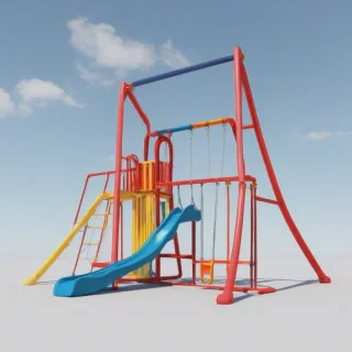 A colorful swing set with a slide and two swings, set on a plain white background, full-body view, wide shot, with a clear blue sky and a few white clouds, in a digital art style with bold lines and vibrant colors, with the swings and slide in the center of the image