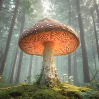 Whimsical, vibrant, full-body view of a giant, glowing mushroom in a fantastical forest, with intricate details and soft, warm lighting, on a plain white background