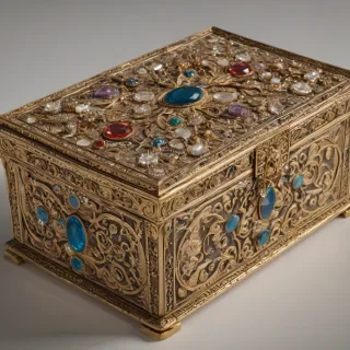 A highly detailed, antique jewelry box with jewels embedded on the outside of the gold box, adorned with intricate patterns and designs, in a wide shot, full-body view, on a plain white background, with soft, warm lighting and dynamic shadows, in the style of a luxurious, high-end product photograph, on a plain white background, even lighting, on a plain white background, even lighting 