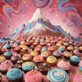 A whimsical planet made entirely of colorful cupcakes, with swirly frosting mountains and lakes of chocolate, in a full-body view with a wide-angle shot and soft, warm lighting