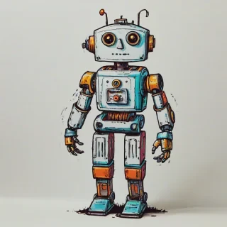 hand-drawn style robot. bright and vivid colors, on a plain white background, even lighting