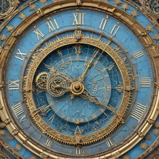 A detailed, full-body view of a medieval-era astronomical clock, with intricate brass gears and dials, set against a plain white background, in a Sky Blue color scheme, with a sense of mysticism and wonder, rendered in a highly realistic digital art style with subtle texture and shading, wide shot with the entire clock visible, including the base and surrounding area, with a slight backlight to accentuate the details