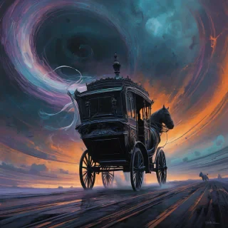 Digital dark art of 1900s horse carriage speeding through a swirling wormhole, visible cloud tendrils reaching for the carriage, orange, black, purple, and blue accent colors, Michael Whelan and Jeremy Mann influenced art styles