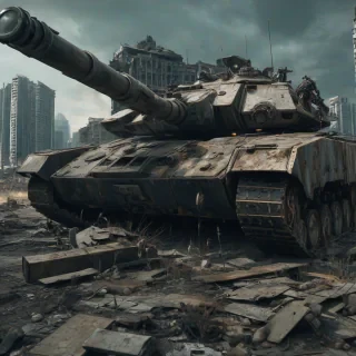 A post-apocalyptic tank with the upper body of a mech on top of the tank, with bright lighting, wide-angle shot, from the waist up, on a ruined cityscape background with a sunken skyscraper in the distance