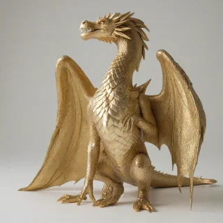 A large, gold dragon with scales that shimmer in the light, set against a plain white background, in a full-body view with its feet visible, with a medieval style illustration aesthetic, featuring intricate details and textures, with a warm, golden lighting and a sense of ancient, mystical power, on a plain white background, even lighting 