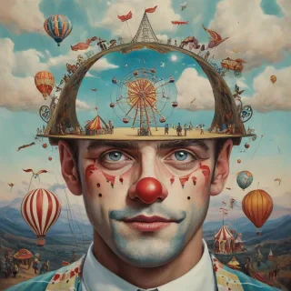 A man with a vibrant, dreamlike circus scene inside his face, complete with a miniature Ferris wheel, a clown, and a hot air balloon, all in a surrealist style.