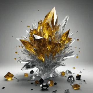 A large, intricate crystal formation, with a mustard yellow color, in a film noir style, with dramatic shadows and high contrast, on a plain white background, in a wide shot with the entire crystal visible, full-body view, with a sense of mystery and luxury, in a detailed, realistic, and highly detailed digital art style, on a plain white background, even lighting