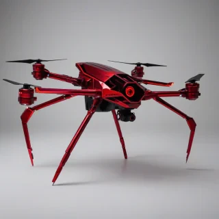 A sleek, red, cyberpunk-themed drone, with metallic accents and neon lights, in a wide shot, full-body view, on a plain white background, with a dark and moody atmosphere, and a sense of high-tech futurism, with sharp lines and geometric shapes, and a bold, vibrant red color scheme, on a plain white background, even lighting 