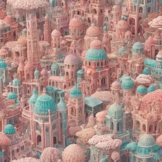 A vibrant, pastel-colored city made entirely of coral, with intricate details and textures, in a wide shot with the entire city visible, set against a plain white background, with a soft, warm lighting and a sense of depth and dimensionality, in the style of a whimsical, dreamlike digital illustration, on a plain white background, even lighting 