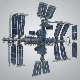 A space station in a wide shot, with a steel blue color palette, grunge style, on a plain white background, full-body view of the space station with visible engines and solar panels, dramatic lighting with dynamic shadows, and a sense of industrial texture, on a plain white background, even lighting 