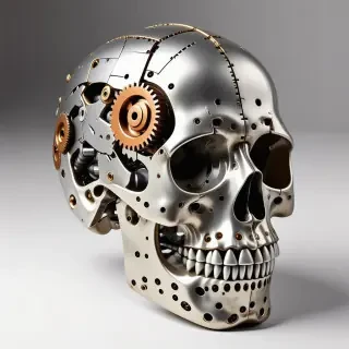 A mechanical skull made out of layered sheets of silver and copper and there are gears for the jaw joint and the teeth are made out of bolts