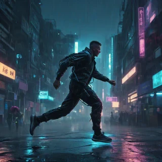 A cyberpunk man in profile sprinting through an abandoned cyberpunk city at night, with glowing blue lights and a rainy, dark atmosphere, a blurry image from motion, and a shaky camera, digital art style.