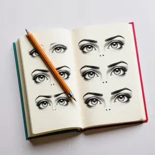 An open notebook with a pencil resting on it. Drawn on the page is several eyes in grey pencil drawn sketches