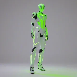 A futuristic gadget with a neon lime green glow, set against a plain white background, in a wide shot with the gadget's full body visible, rendered in a synthwave art style with bold lines, vibrant colors, and a sense of nostalgia, with dynamic shadows and a subtle backlight to accentuate its sleek design