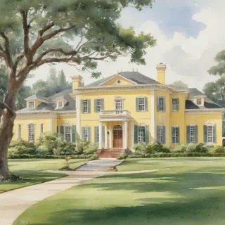 A large, colonial style mansion with a light yellow exterior, wide shot, full-body view, with a sprawling lawn and tall trees in the background, on a plain white background, with a bright and sunny atmosphere, in the style of a watercolor painting, on a plain white background, even lighting 