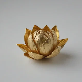 Gold gilded lotus flower bud, on a plain white background, even lighting