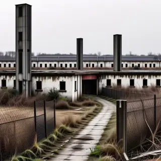 A damaged and abandoned prison compound in a state of disrepair, with tall barbed wire fences, guard towers, and a wide-angle view of the entire complex on a plain white background, with overgrown vegetation, broken windows, and a sense of decay and neglect, in a digital art style with muted colors and dramatic lighting with a mix of warm and cool tones