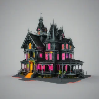 different neon colored, haunted house, wide angle shot, full house visible, nothing else in the image, on a plain white background, even lighting
