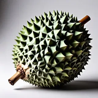 A close-up view of a sapphire blue, grunge-style, durian fruit, with a rough and spiky exterior, set against a plain white background, with dramatic lighting and dynamic shadows, in a medium-angle shot, with the fruit's stem and leaves visible, focusing on the texture and imperfections of the durian's skin