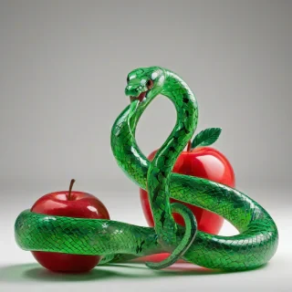 A vibrant green snake made of glass shards, with intricate details and sharp edges, coiled around a glowing bright red apple on a plain white background, the snake is looking directly at the viewer with its tongue out, in a wide shot with the entire snake visible, in a realistic art style with high contrast and dynamic shadows