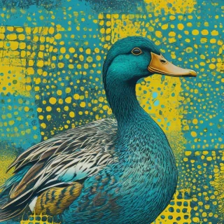 Pop art of a duck using the colors yellow, blue, and cyan