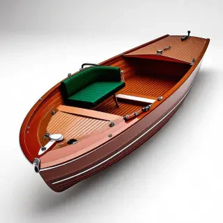 wood runabout craftsman motor boat with green bench seats