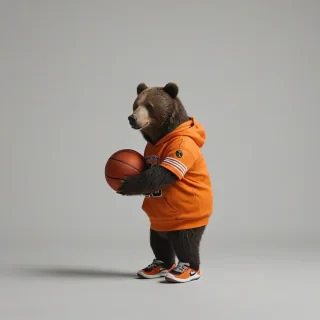 A bear with orange hoodie and basketball, on a plain white background, even lighting