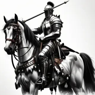 A full-view, highly detailed, medieval knight dressed in intricate chainmail armor, holding a jousting lance in one hand, sitting atop a majestic horse, facing the same way as the horse, with a wide-angle shot, dynamic lighting, and a plain white background, in the style of digital illustration