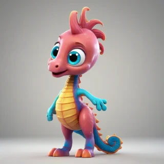 A cartoon style cute baby sea horse with a smile, in 3D animation style, full-body view, with bright and vibrant colors, standing on a plain white background, with a wide-angle shot, and dynamic lighting, featuring a small, rounded body, large eyes, and a tiny nose, with a happy and playful expression.