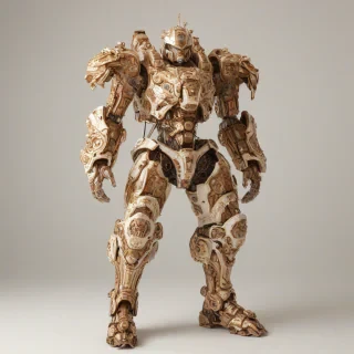 A highly detailed, brown, baroque styled mech suit, with intricate engravings and ornaments, in a wide shot, full-body view, with visible feet, on a plain white background, with soft, warm lighting and dynamic shadows, in the style of a digital illustration, on a plain white background, even lighting 